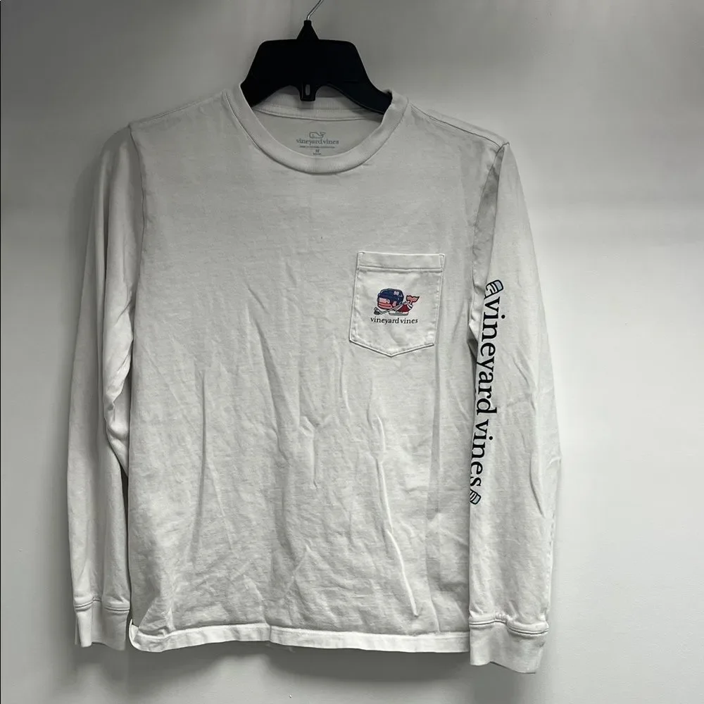 Vineyard Vines White Long Sleeve Tee with Blue Sleeve Logo